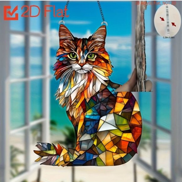 Sun catcher, multi-colored cat hanging. Hang on window or wall. Fun and colorful - Picture 1 of 4
